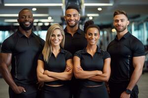 Gym Personnel posant et souriant dans luxe salle de sport. génératif ai photo