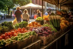 Les agriculteurs marché rempli avec un abondance de Frais des fruits, légumes, et biologique produire, soulignant le disponibilité de localement source Ingrédients pour végétalien recettes. génératif ai photo