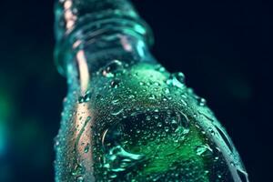 une fermer coup de condensation formant sur une glacé bouteille de minéral eau, création une sens de fraîcheur et rafraîchissement. génératif ai photo