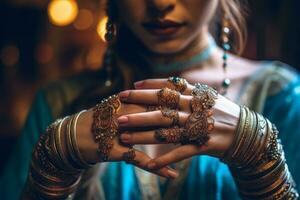 une fermer coup de une Jeune des modèles mains orné avec à la mode bijoux, soulignant style et personnel expression. génératif ai photo