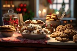 une cuisine compteur rempli avec fraîchement cuit biscuits, pain d'épice Maisons, et de fête traite, capturer le joie et délice de vacances cuisson traditions. génératif ai photo