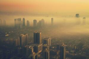 une frappant aérien vue de une pollué ville ligne d'horizon, avec épais smog enveloppant le bâtiments, mise en évidence le urgent avoir besoin pour nettoyer air initiatives. génératif ai photo