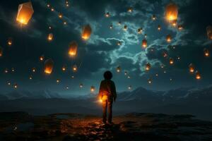 la personne libération une papier lanterne dans le nuit ciel, signifiant le Libération de fardeaux et le liberté de le l'âme voyage. génératif ai photo