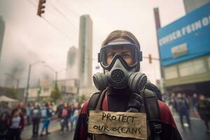 une suscitant la réflexion image de une plongeur en portant une signe cette lit 'protéger notre océans' au milieu de une toile de fond de pollution, défendre pour collectif action. génératif ai photo