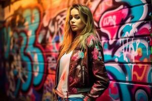 une Jeune mode modèle posant contre une coloré graffiti mur, mettant en valeur énervé et Urbain mode les tendances avec une rebelle flair. génératif ai photo