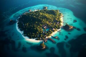 aérien vue de une parfait tropical île entouré par turquoise des eaux, mettant en valeur ses Stupéfiant beauté et attrayant atmosphère. génératif ai photo