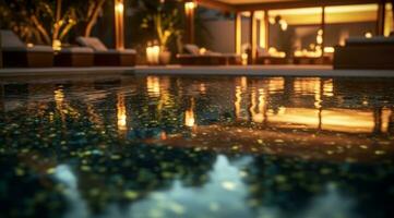 un enchanteur image de une nettoyer bassin illuminé par doux éclairage, avec reflets dansant sur le des eaux surface, création une tranquille et attrayant atmosphère pour soir relaxation. génératif ai photo