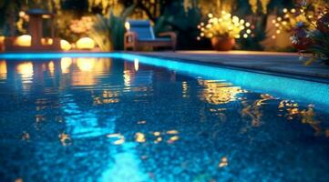 un enchanteur image de une nettoyer bassin illuminé par doux éclairage, avec reflets dansant sur le des eaux surface, création une tranquille et attrayant atmosphère pour soir relaxation. génératif ai photo