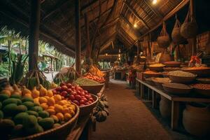 une tropical île marché rempli avec vibrant des fruits, épices, et local artisanat, mettant en valeur le culturel richesse et authenticité de le destination. génératif ai photo