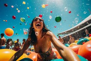 Jeune femme dans une espiègle, coloré maillot de bain éclaboussures autour dans le peu profond fin de une piscine, entouré par coloré gonflable des ballons. génératif ai photo