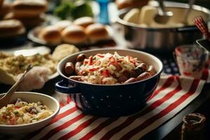 une barbecue rubané avec guirlandes de rouge, blanc et bleu ruban, chaud chiens et hamburgers cuisine sur le gril, suivant à une bol de Patate salade garni avec une miniature nous drapeau. génératif ai. photo