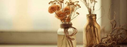 une bannière avec une Célibataire séché fleur dans une ancien bouteille ou vase, avec une doux, délavé filtre cette ajoute une sens de nostalgie et romance. génératif ai photo