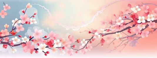 une bannière conception avec une Cascade de délicat Cerise fleurs, doucement chute contre une doux pastel arrière-plan, évoquant une sens de sérénité et tranquillité. génératif ai photo