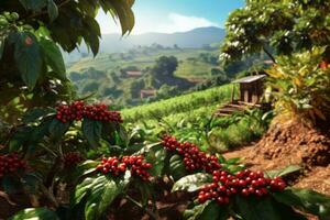 rustique café plantation scène, mettant en valeur Lignes de luxuriant, vert café végétaux, avec mûr, rouge café cerises prêt pour récolte. génératif ai photo