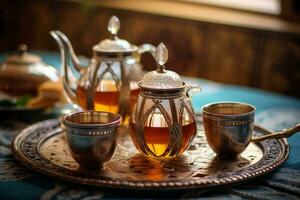 traditionnel marocain thé ensemble avec décoratif théière, lunettes, et menthe feuilles, mettant en valeur le talent artistique et hospitalité de marocain thé culture. génératif ai photo