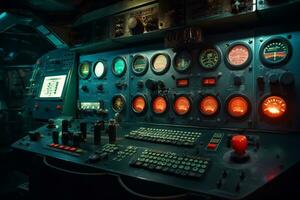 une fermer image de le contrôle panneau à l'intérieur une sous-marin commander centre, avec illuminé boutons et affiche, capturer le haute technologie et sophistiqué la nature de le navire. génératif ai photo
