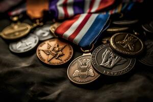 une fermer de une anciens combattants militaire médailles et décorations, affiché avec fierté et honneur, mettant en valeur leur réalisations et service. génératif ai photo