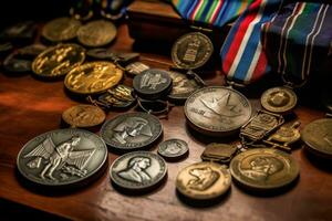 une fermer de une anciens combattants militaire médailles et décorations, affiché avec fierté et honneur, mettant en valeur leur réalisations et service. génératif ai photo