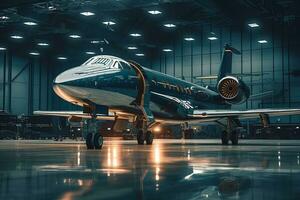 une fermer de une privé jet garé dans une hangar, avec une clair vue de ses extérieur et détails. génératif ai photo