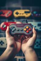 une fermer coup de une la personne mains en portant une rétro Jeu manette, évoquant le nostalgie de Années 90 vidéo jeu. génératif ai photo