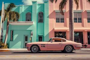 une fermer coup de une ancien Années 80 des sports voiture garé dans de face de une vibrant Miami art déco bâtiment, capturer le essence de luxe et rétro style. génératif ai photo