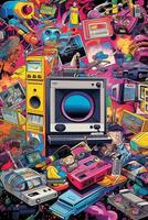 une collage de Années 80 pop culture Icônes tel comme arcade Jeux, des boombox, rubik's cubes, et vhs bandes, capturer le nostalgie de le ère.générative ai photo