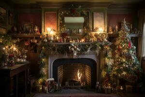 une cheminée manteau couvert dans décoré Noël des arbres, guirlandes de clinquant, pain d'épice Maisons, vieux antique ornements avec manuscrit Remarques lié à branches à propos famille souvenirs. génératif ai photo