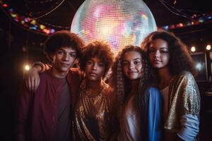 une groupe de copains posant dans de face de une géant disco balle, reflétant coloré lumières et création un inoubliable scène. génératif ai photo