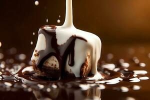 blanc guimauve étant plongé dans fondu chocolat, capturer le exact moment lorsque il est levé, résultant dans une éclaboussure de chocolat, représentant le fusion de deux délicieux les saveurs. génératif ai photo
