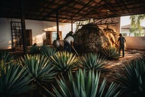 une coup de une Tequila distillerie dans Mexique, avec ouvriers tendre à le agave les plantes et alambics, soulignant le traditionnel et artisanal la nature de le produit. génératif ai photo