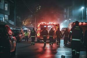 une coup de un ambulance équipage en arrivant premier à le scène de un urgence, mettant en valeur le critique rôle de urgence réponse prestations de service dans économie vies. génératif ai photo