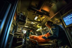 une coup de ambulanciers fournir médical se soucier à une patient à l'intérieur un ambulance, mettant en valeur le professionnalisme et compétence de médical personnel. génératif ai photo