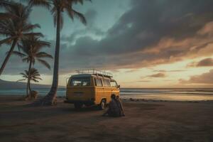 Jaune van sur le plage dans Hawaii. une Jeune femme séance à l'intérieur de il en train de regarder le le coucher du soleil pacifiquement. génératif ai photo