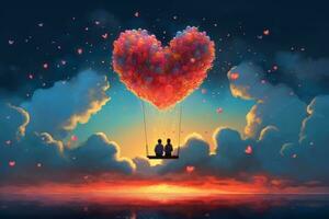 une surréaliste illustration de une couple séance sur une nuage, avec leur cœurs connecté par une chaîne de coloré des ballons, vif le coucher du soleil ciel, représentant le joie et bonheur a trouvé dans l'amour. génératif ai photo