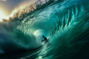 une surfeur équitation une massif mur de turquoise baril vagues, coup de dans le tube à Capturer aéroporté arcs de l'eau dans bijou gouttelettes. génératif ai photo