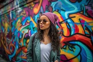 une Jeune femme posant dans de face de une coloré et artistique graffiti mural, portant une à la mode tenue, avec une sens de confiance et style. concept de la créativité et expression de soi. génératif ai photo