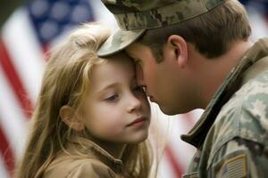 affectueux militaire réunion entre père et fille dans Contexte américain drapeau . génératif ai photo