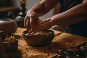 un ayurvédique Abhyanga massage dans progrès, montrant mains rythmiquement préparer à base de plantes huiles à une chaud peau. Capturer le rajeunissant bien-être avantages de ayurvédique massage. génératif ai photo