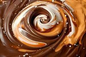 une Chocolat tourbillon, établi avec une mélange de fondu Chocolat et crème, avec foncé et lumière tons mélange ensemble. génératif ai photo