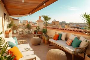 marocain le riad toit terrasse, avec confortable sièges domaines, panoramique vues de le ville, et vibrant marocain textile, parfait pour Voyage. génératif ai photo