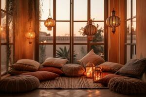 une confortable séance zone dans une marocain riad, avec confortable coussins et décoratif lanternes, évoquant une sens de relaxation et luxe. génératif ai photo