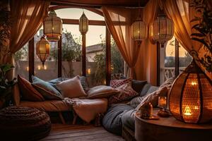 une confortable séance zone dans une marocain riad, avec confortable coussins et décoratif lanternes, évoquant une sens de relaxation et luxe. génératif ai photo