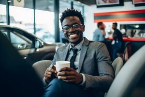 une souriant client séance confortablement dans le attendre zone de une voiture laver, profiter gratuit Agréments comme café et Wifi, mise en évidence le centrée sur le client expérience. génératif ai photo