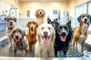 dépeindre chiens de différent races étant ludique lavé et séché dans une garderie spa paramètre, soulignant propreté et socialisation. génératif ai photo
