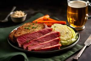 un aérien coup de une assiette de traditionnel irlandais salé du boeuf et chou avec une vert Bière dans le Contexte. génératif ai photo