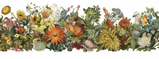 un complexe botanique bannière illustration, avec divers les types de fleurs et feuillage tissé ensemble à forme un élaborer et visuellement étourdissant modèle. génératif ai photo