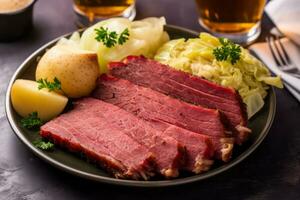 un aérien coup de une assiette de traditionnel irlandais salé du boeuf et chou avec une vert Bière dans le Contexte. génératif ai photo