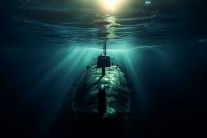 un sous-marin image de une lisse et puissant militaire sous-marin glissement par le profondeurs de le océan, entouré par une magnifique jouer de lumière et ombres. génératif ai photo