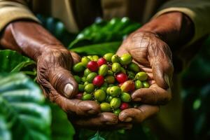 fermer de une café haricot étant choisi par une Les agriculteurs main contre une toile de fond de vibrant vert café végétaux, mettant en valeur le méticuleux processus de récolte café. génératif ai photo