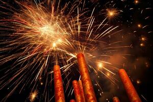 pétards éclatement dans en plein air contre une nuit ciel rempli avec étoiles. transmettre le euphorie et spectacle de feux d'artifice cette bague dans le Nouveau an. génératif ai photo